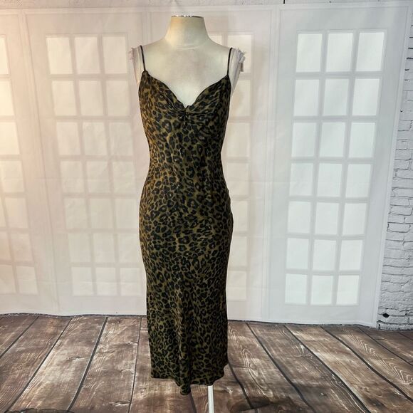 Zara green and black leopard print satin midi slip dress size XS - Picture 2 of 11